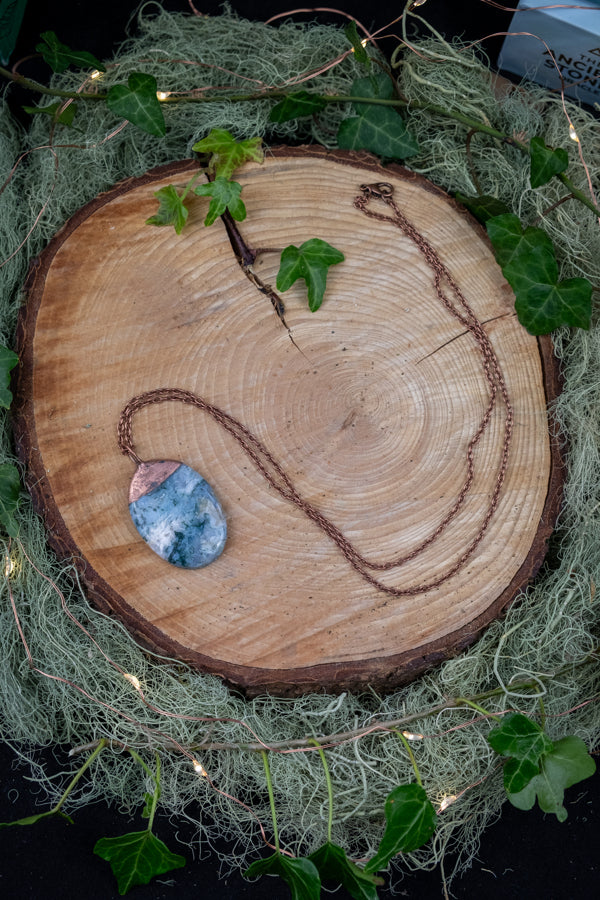 Moss Agate Pendant, Copper Wrapped Crystal Necklace, Earthy Gemstone Jewellery, Green Moss Stone Necklace, Nature Inspired Gift