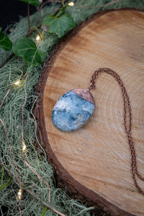 Moss Agate Pendant, Copper Wrapped Crystal Necklace, Earthy Gemstone Jewellery, Green Moss Stone Necklace, Nature Inspired Gift