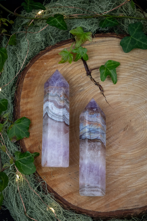 Amethyst and Crazy Lace Agate Crystal Point, Polished Stone Tower, Healing Gem, Calming Energy, Chakra Balancing, Spiritual Gift