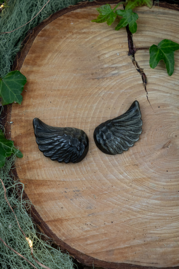 Obsidian Angel Wing Pair, Gold Sheen and Silver Sheen Obsidian, Crystal for Protection, Grounding crystal, Crystal for communication, Shamanic crystal.