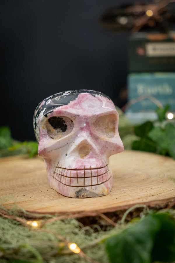 Rhodonite Crystal Skull, Hand Carved Gemstone Skull, Healing Crystal Stone from Peru, Emotional Balance and Heart Healing