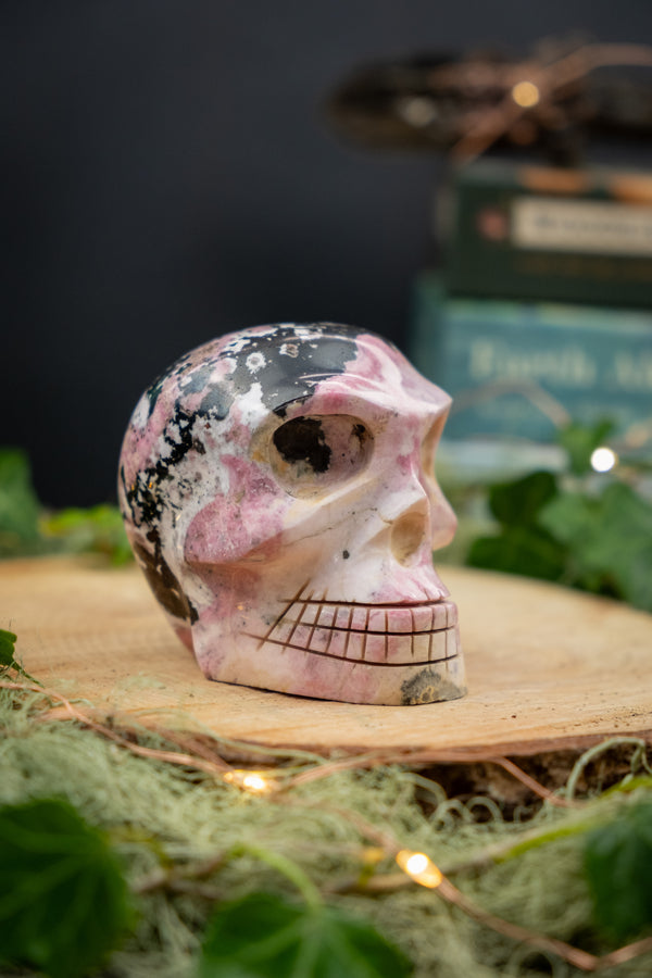 Rhodonite Crystal Skull, Hand Carved Gemstone Skull, Healing Crystal Stone from Peru, Emotional Balance and Heart Healing