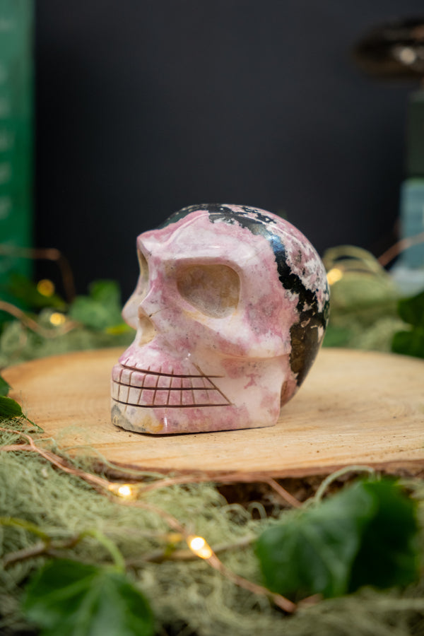 Rhodonite Crystal Skull, Hand Carved Gemstone Skull, Healing Crystal Stone from Peru, Emotional Balance and Heart Healing