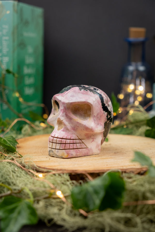 Rhodonite Crystal Skull, Hand Carved Gemstone Skull, Healing Crystal Stone from Peru, Emotional Balance and Heart Healing