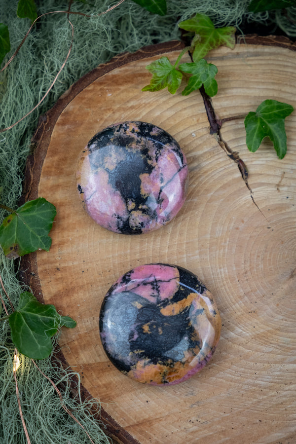 Rhodonite Palm Stone with Rare Yellow Garnet Inclusions, Crystal for Healing, Emotional Balance, Solar Plexus and Heart Stone.