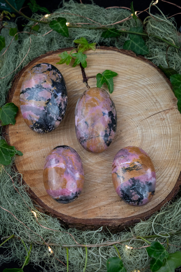 Rhodonite Palm Stone with Rare Yellow Garnet Inclusions, Crystal for Healing, Emotional Balance, Solar Plexus and Heart Stone