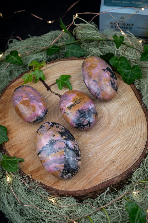 Rhodonite Palm Stone with Rare Yellow Garnet Inclusions, Crystal for Healing, Emotional Balance, Solar Plexus and Heart Stone