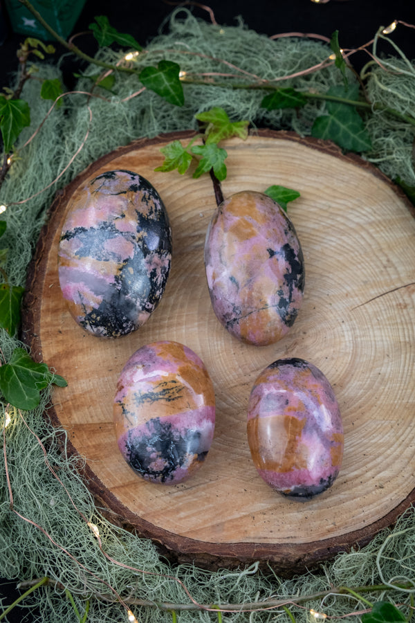 Rhodonite Palm Stone with Rare Yellow Garnet Inclusions, Crystal for Healing, Emotional Balance, Solar Plexus and Heart Stone
