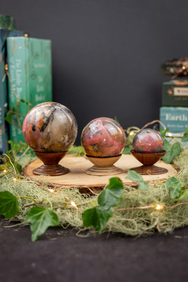 Rhodonite Sphere with Rare Yellow Garnet Inclusions, Healing Crystal Ball in 3 Sizes, Heart Stone, Emotional Healing, Self Love Gem