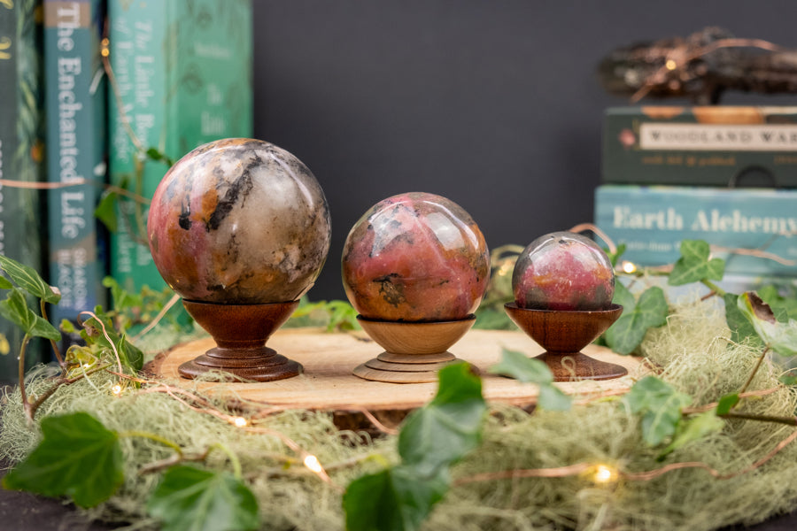 Rhodonite Sphere with Rare Yellow Garnet Inclusions, Healing Crystal Ball in 3 Sizes, Heart Stone, Emotional Healing, Self Love Gem
