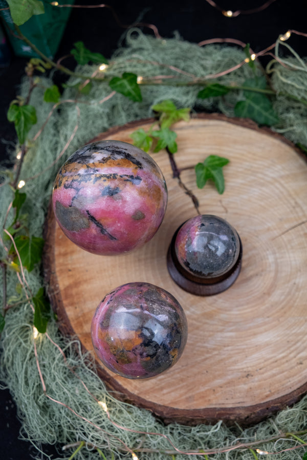 Rhodonite Sphere with Rare Yellow Garnet Inclusions, Healing Crystal Ball in 3 Sizes, Heart Stone, Emotional Healing, Self Love Gem
