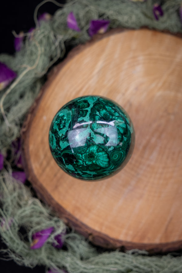 Malachite Sphere for Protection, Transformation, Emotional Healing, Heart Chakra, Crystal Ball, Polished Green Gemstone, Mineral Sphere