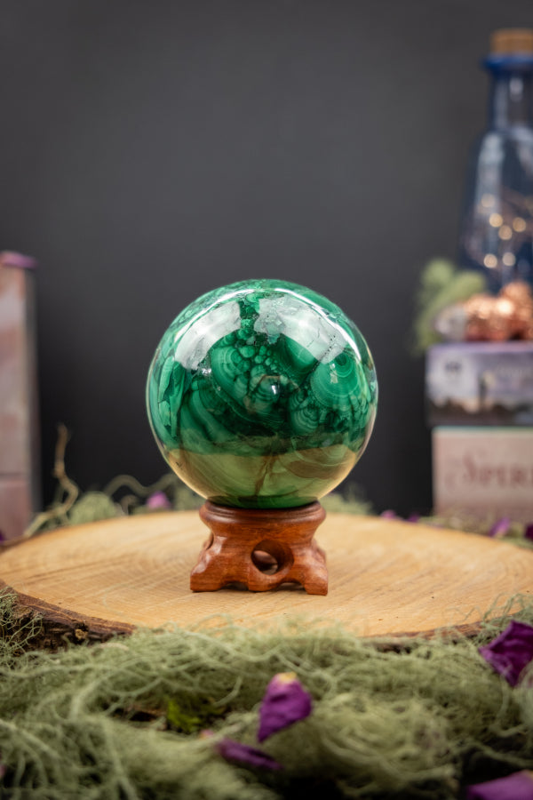 Malachite Sphere for Transformation, Emotional Healing, Heart Chakra, Crystal Ball, Polished Green Gemstone, Mineral Sphere