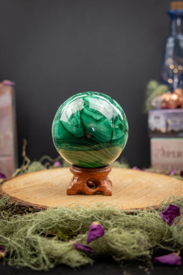 Malachite Sphere for Transformation, Emotional Healing, Heart Chakra, Crystal Ball, Polished Green Gemstone, Mineral Sphere