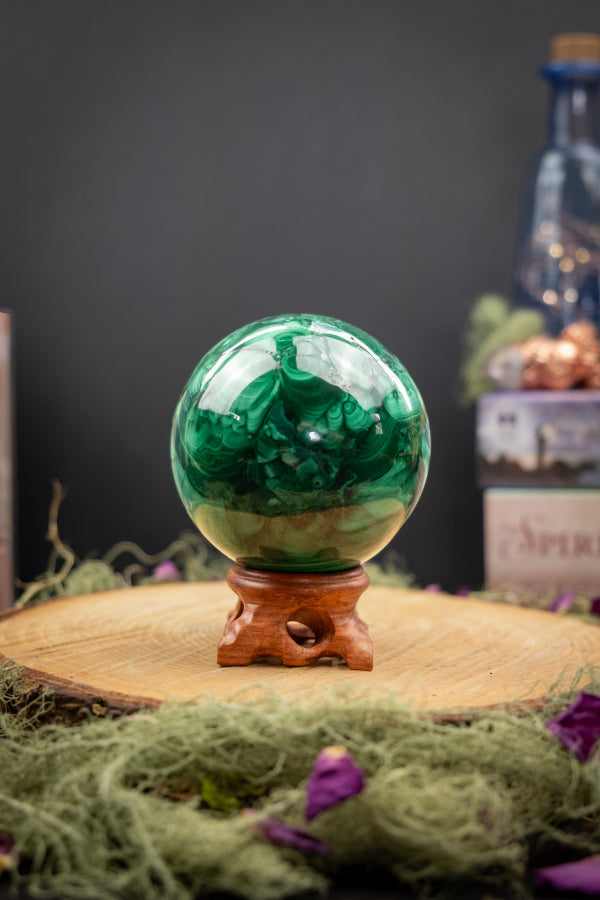 Malachite Sphere for Transformation, Emotional Healing, Heart Chakra, Crystal Ball, Polished Green Gemstone, Mineral Sphere
