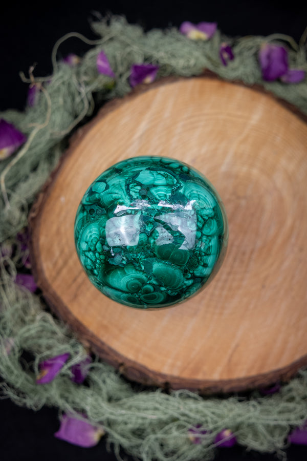 Malachite Sphere for Transformation, Emotional Healing, Heart Chakra, Crystal Ball, Polished Green Gemstone, Mineral Sphere