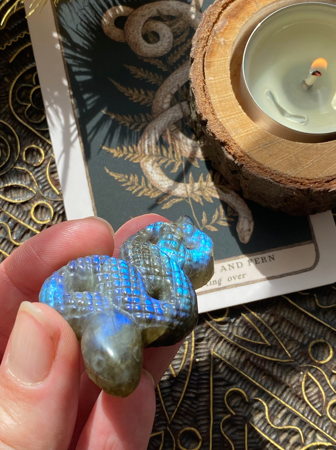 Labradorite snake, The snake inspires confidence as we start over and embark on a new path, Transformation, Rebirth, New Beginnings.