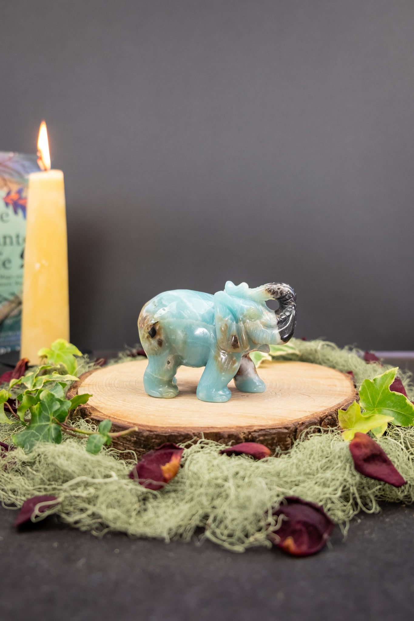 Amazonite Elephant Carving, Deep Blue Amazonite with Black Tourmaline, Smokey Quartz and Iron Inclusions, Hand Carved Crystal Guardian