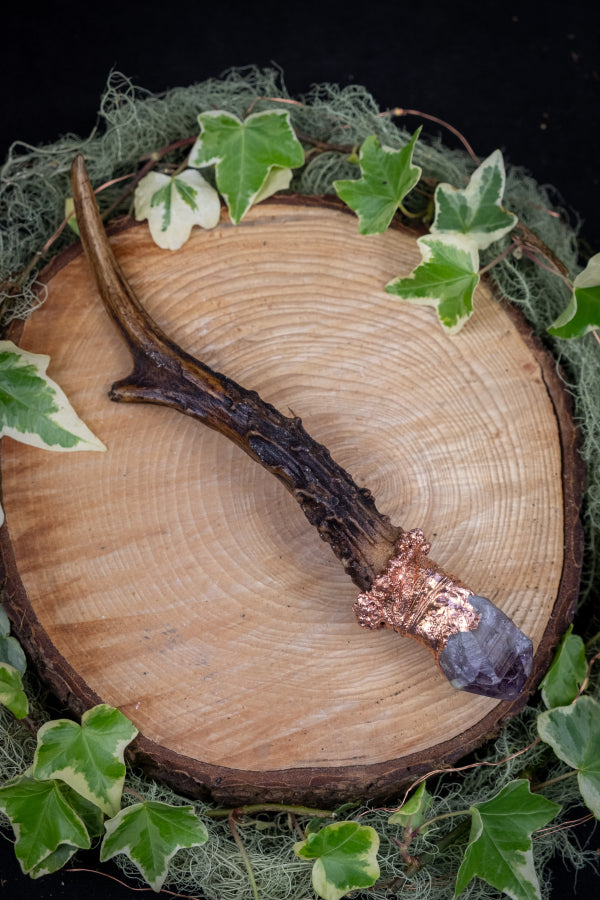 Amethyst Crystal Wand with Copper and Deer Antler, Handmade Ritual Tool, Gemstone Wand for Healing, Intuition, Protection and Crown Chakra