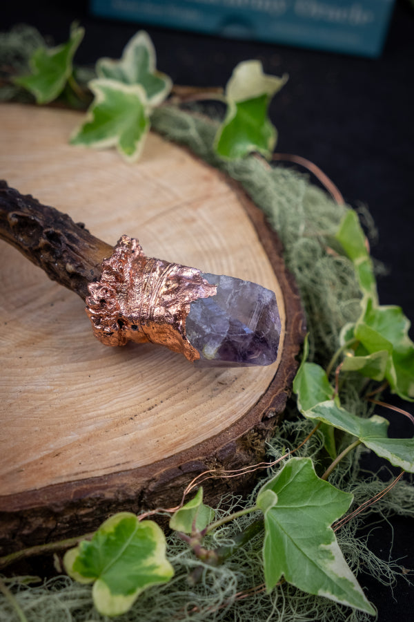 Amethyst Crystal Wand with Copper and Deer Antler, Handmade Ritual Tool, Gemstone Wand for Healing, Intuition, Protection and Crown Chakra