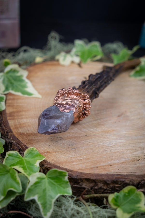 Amethyst Crystal Wand with Copper and Deer Antler, Handmade Ritual Tool, Gemstone Wand for Healing, Intuition, Protection and Crown Chakra