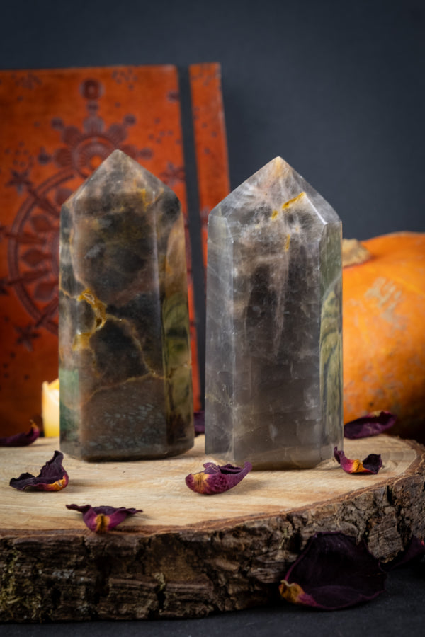 Black Moonstone crystal point, Dark Moon Crystal, New Moon intention setting, Grounding and protective crystal, Root chakra