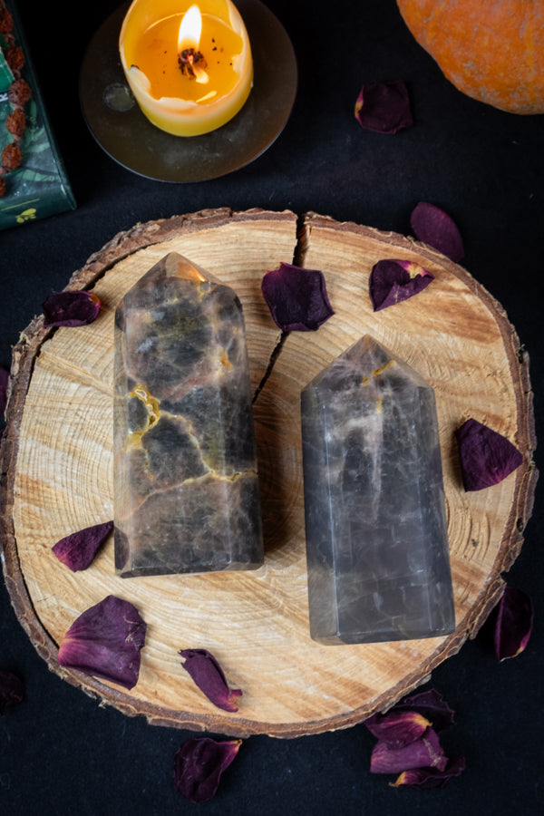 Black Moonstone crystal point, Dark Moon Crystal, New Moon intention setting, Grounding and protective crystal, Root chakra