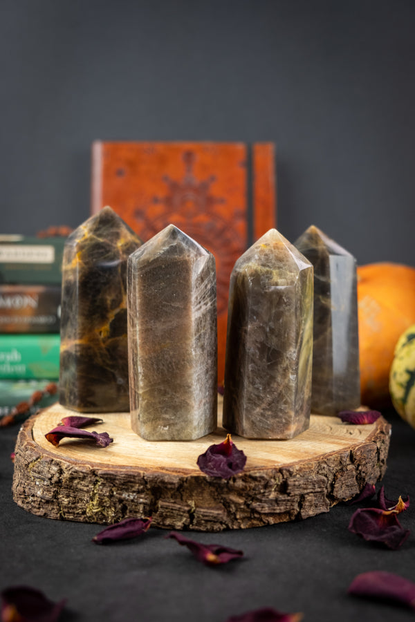 Black Moonstone crystal point, Dark Moon Crystal, New Moon intention setting, Grounding and protective crystal, Root chakra