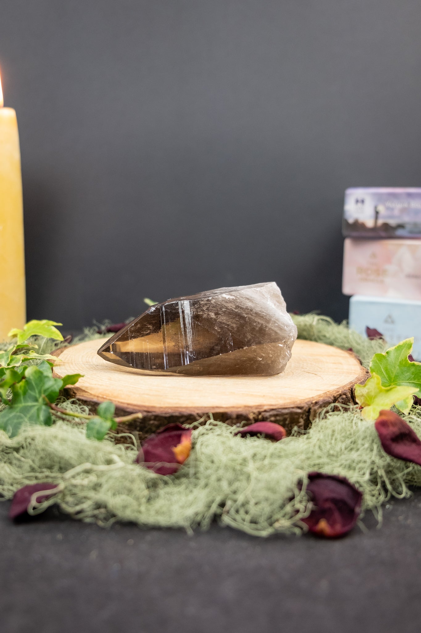 Smokey Lemurian Quartz Point on Stand, Natural Lemurian Crystal with Striations, Self Healed Clarity Stone for Grounding and Soul Alignment