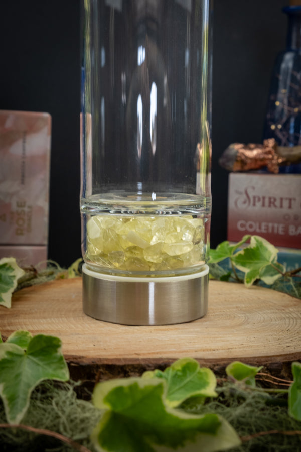 Citrine Crystal Water Bottle, Toughened Glass Gem Elixir Bottle for Joy Positivity Energy Boost and Manifestation Rituals