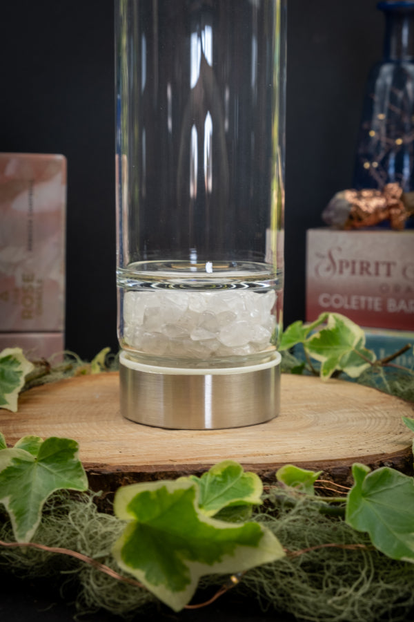 Clear Quartz Gemstone Elixir Glass Bottle with Removable Base, High Vibe Water Bottle for Intention Setting and Master Healer Energy