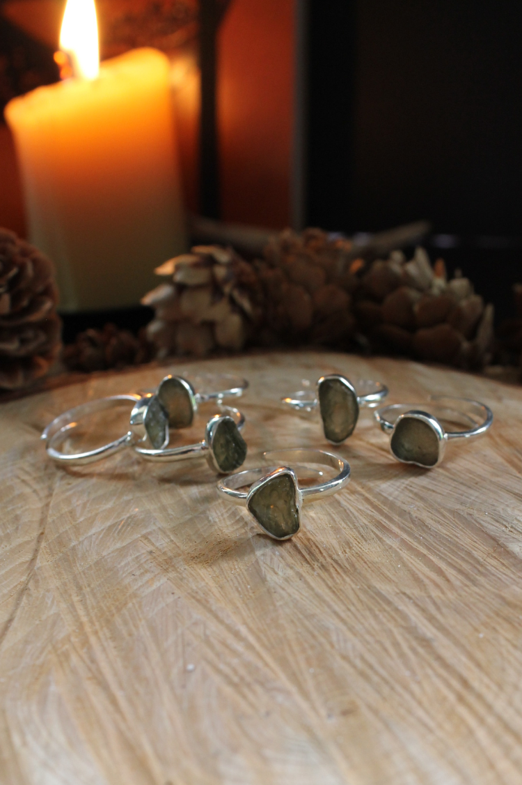 Moldavite Adjustable Ring Sterling Silver, Raw Crystal Gemstone Ring, Unique Healing Stone Jewellery UK