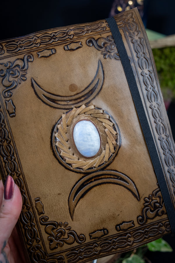 Moon Phase Leather Journal with Real Moonstone, Handmade Notebook, Blue Flash Gemstone Journal, Eco Friendly Writing Gift, Witchy Stationery
