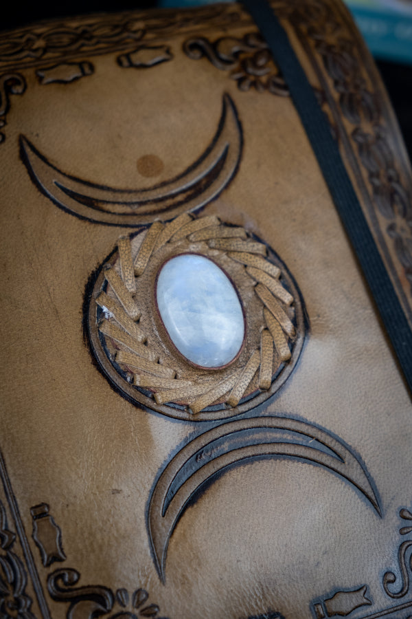Moon Phase Leather Journal with Real Moonstone, Handmade Notebook, Blue Flash Gemstone Journal, Eco Friendly Writing Gift, Witchy Stationery