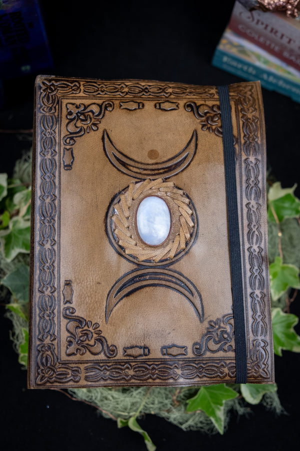 Moon Phase Leather Journal with Real Moonstone, Handmade Notebook, Blue Flash Gemstone Journal, Eco Friendly Writing Gift, Witchy Stationery