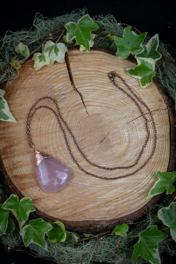Rose Quartz Copper Pendant, Electroformed Crystal Necklace, Handmade UK Artisan Jewellery, Healing Copper & Gemstone Jewellery, Boho style.