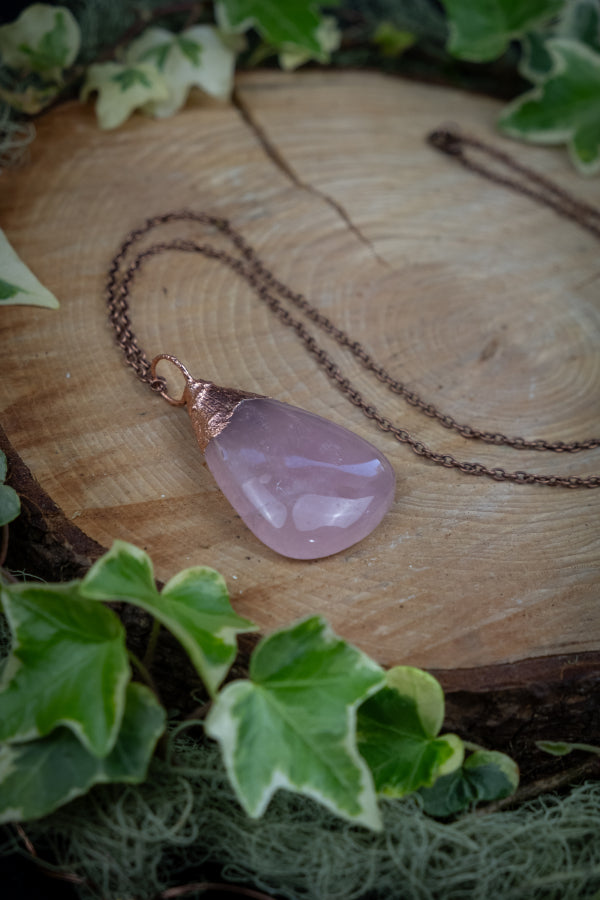 Rose Quartz Copper Pendant, Electroformed Crystal Necklace, Handmade UK Artisan Jewellery, Healing Copper & Gemstone Jewellery, Boho style.
