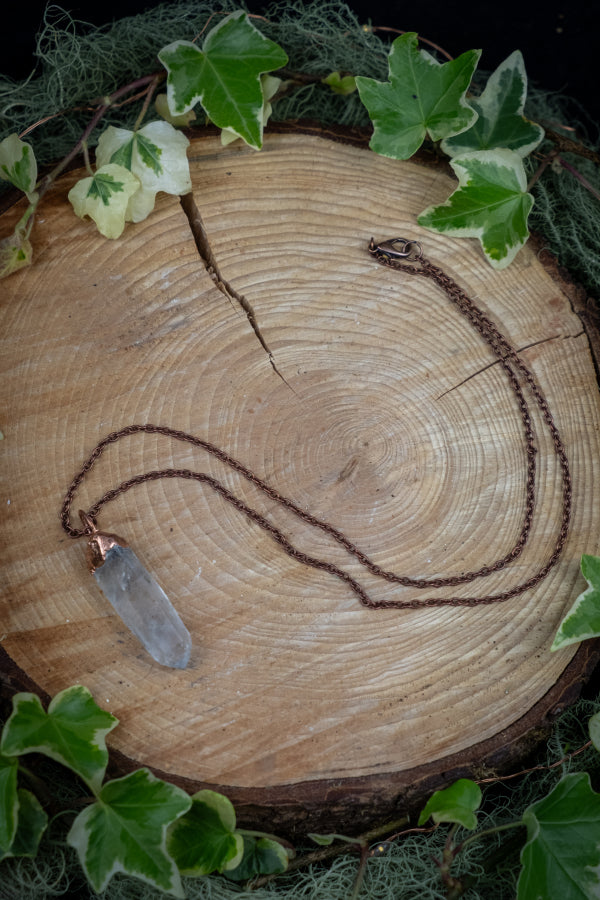 Clear Quartz and Copper Pendant, Electroformed Crystal Necklace, Raw Quartz Gemstone, Healing Energy Amplifier Stone, Handmade on a Barge