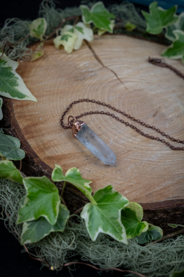 Clear Quartz and Copper Pendant, Electroformed Crystal Necklace, Raw Quartz Gemstone, Healing Energy Amplifier Stone, Handmade on a Barge