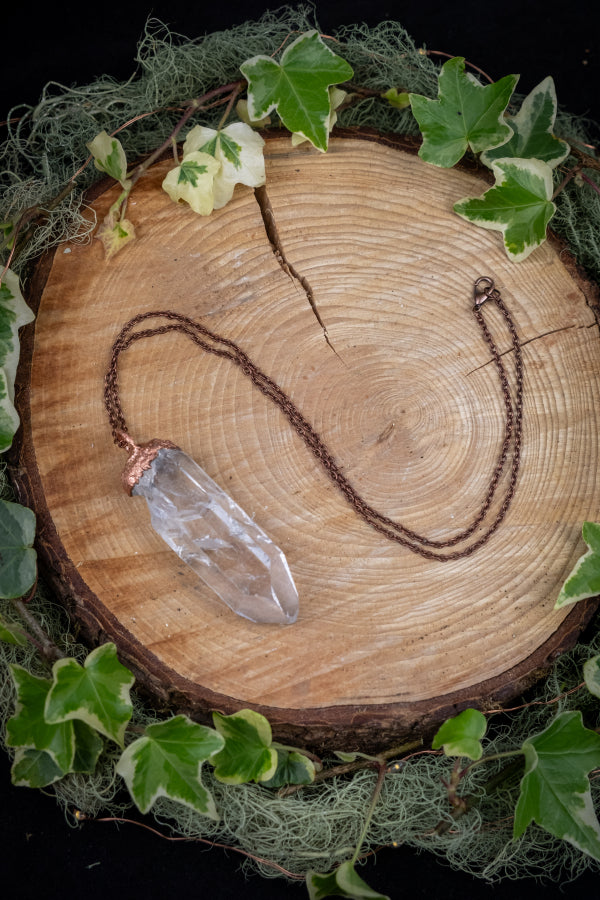Clear Quartz and Copper Pendant, Electroformed Crystal Necklace, Raw Quartz Gemstone, Healing Energy Amplifier Stone, Handmade on a Barge