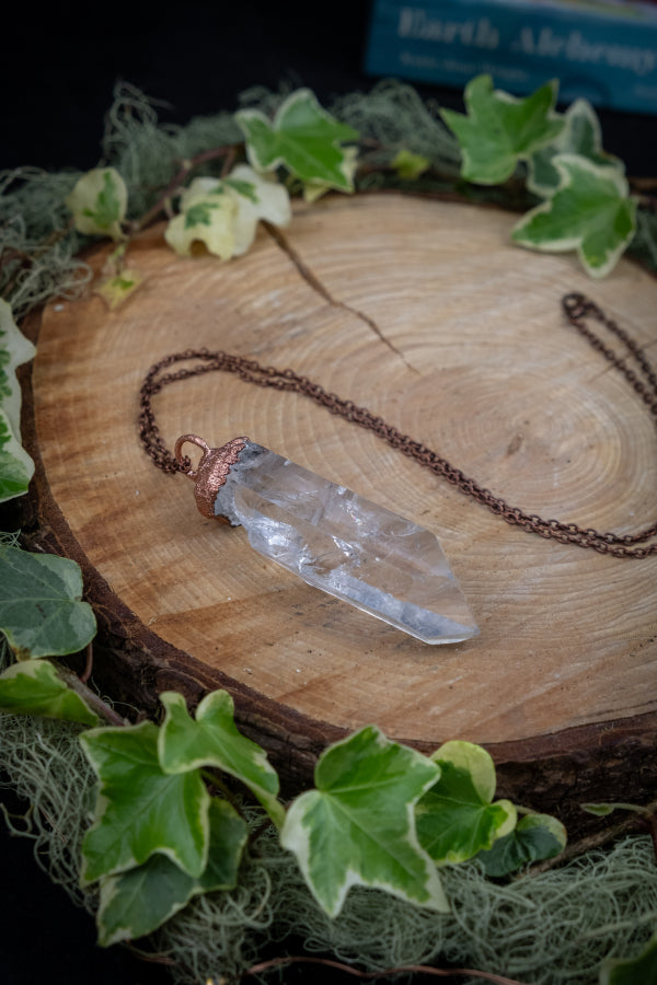 Clear Quartz and Copper Pendant, Electroformed Crystal Necklace, Raw Quartz Gemstone, Healing Energy Amplifier Stone, Handmade on a Barge