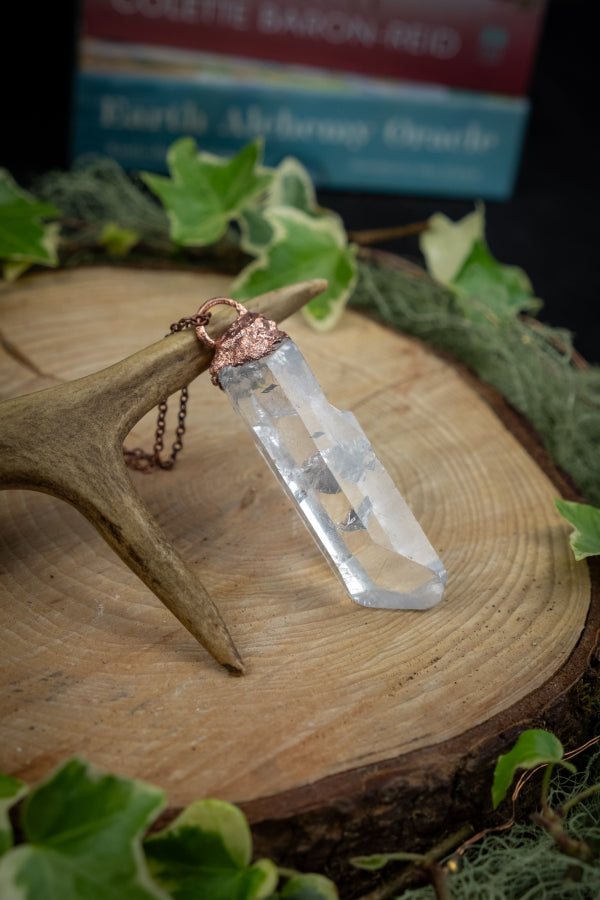 Clear Quartz and Copper Pendant, Electroformed Crystal Necklace, Raw Quartz Gemstone, Healing Energy Amplifier Stone, Handmade on a Barge