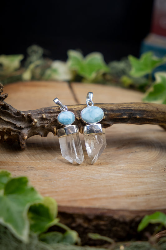 Lemurian Crystal and Larimar Gemstone Pendant in Sterling Silver, Healing Stone for Peace, Past Life Wisdom and Divine Feminine Energy