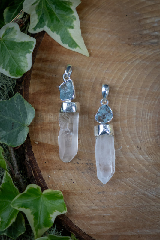 Lemurian Quartz and Aquamarine Pendant in Sterling Silver, Crystal Necklace for Intuition, Soul Memory, Healing, Sea Stone Energy