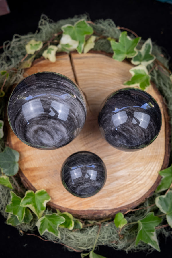 Silver Sheen Obsidian Sphere, Shimmering Obsidian Crystal Ball, Protective Stone for Shadow Work, Moon Magic, Intuition and Transformation