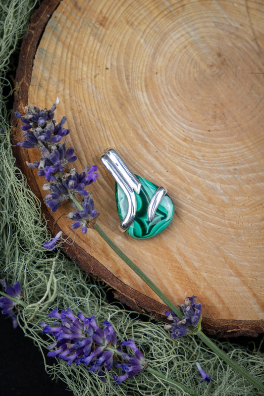 Polished Malachite and Sterling Silver Pendant, Heart-Healing Crystal Necklace for Protection, Transformation and Deep Emotional Clearing