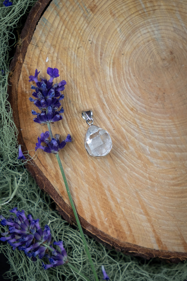 Herkimer Diamond Pendant in Sterling Silver, Clear Quartz Crystal Gem with Exceptional Clarity, High Grade Raw Stone Jewellery
