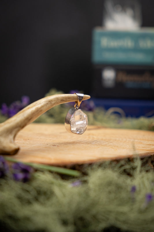 Herkimer Diamond Pendant in Sterling Silver, Clear Quartz Crystal Gem with Exceptional Clarity, High Grade Raw Stone Jewellery
