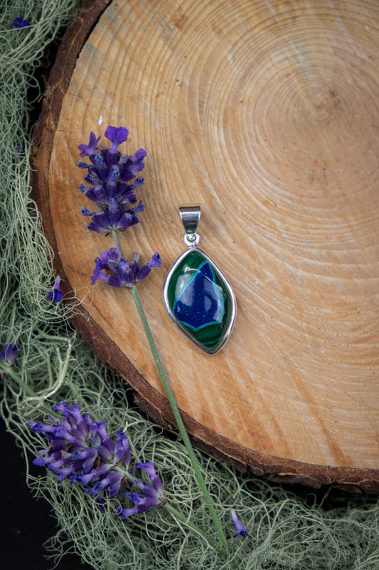 Natural Azurite, Malachite and Chrysocolla Pendant in Silver Setting, Soulful Transformation Stone for Clarity, Courage and Heart Healing