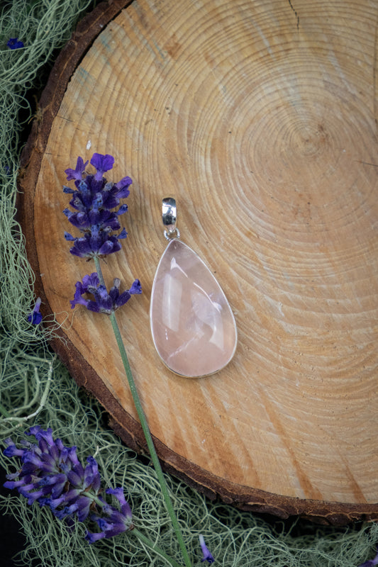 High Grade Rose Quartz Pendant, Soft Pink Gemstone Necklace, Sterling Silver Setting, Calming Crystal Jewellery for Love and Healing